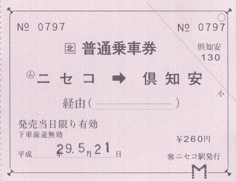 ニセコ駅→倶知安駅乗車券（常備軟券）